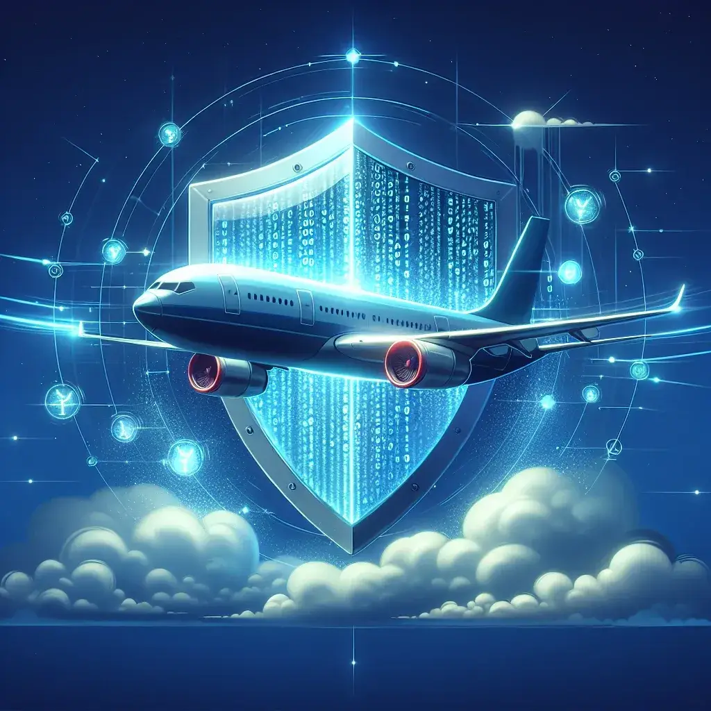 "Imagem de um moderno sistema de segurança cibernética em uma companhia aérea, ilustrando a integração de criptografia para proteger dados de passageiros em um mundo digital."